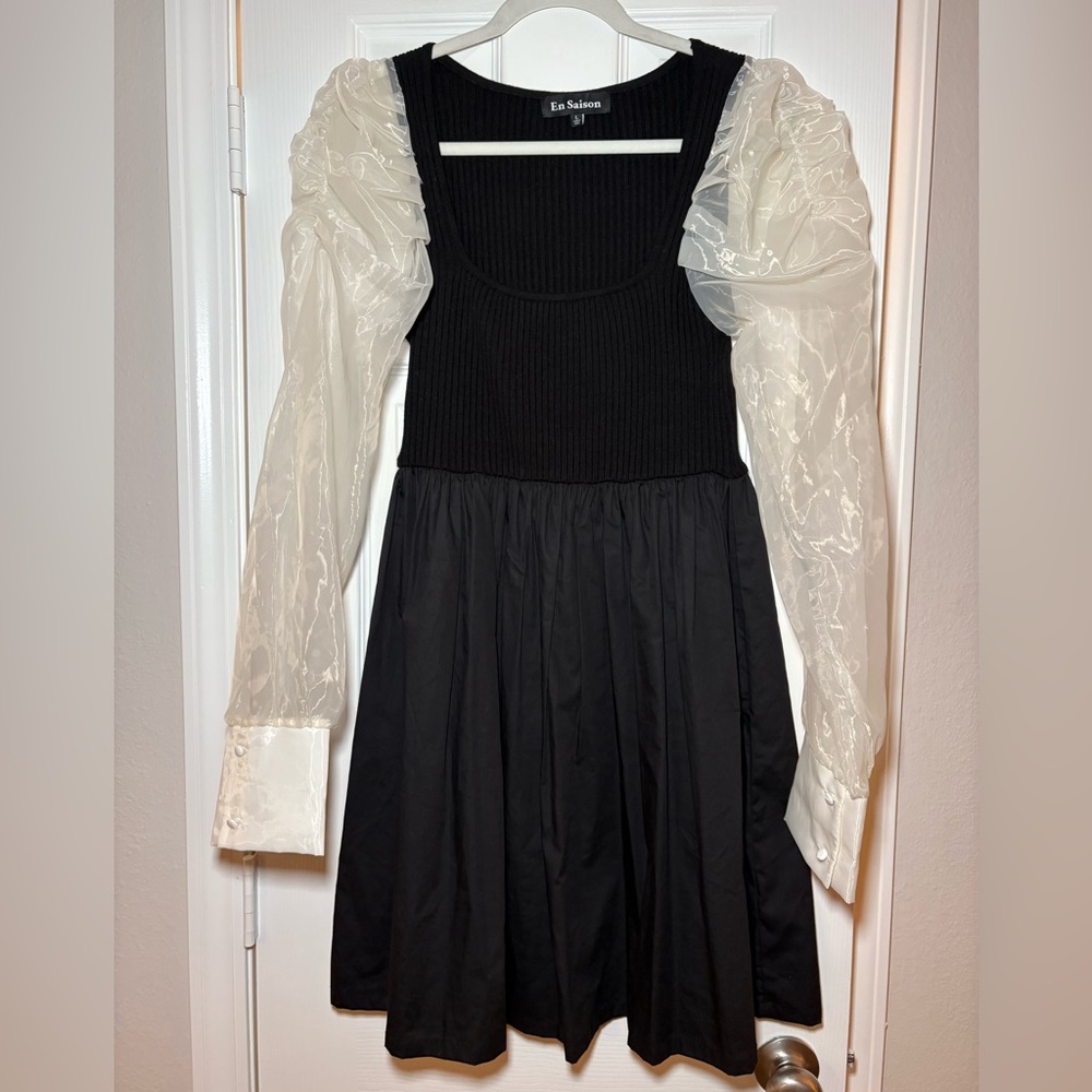 Anthropologie En‎ Saison Black Puff Sleeve Mixed Media Mini Dress Size L